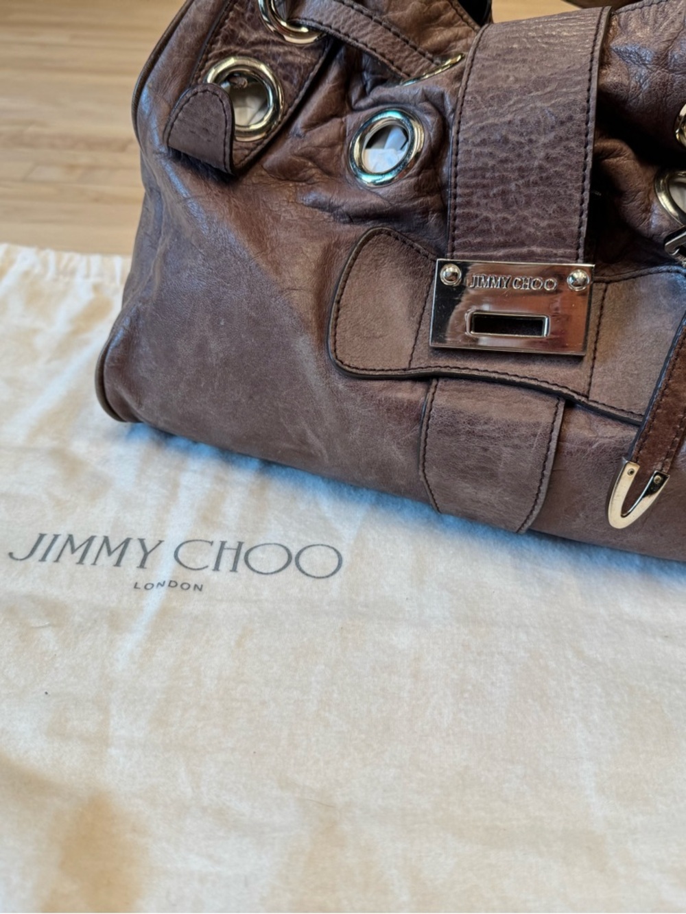 Jimmy Choo Brown Leather Duffel Bag with Silver Hardware